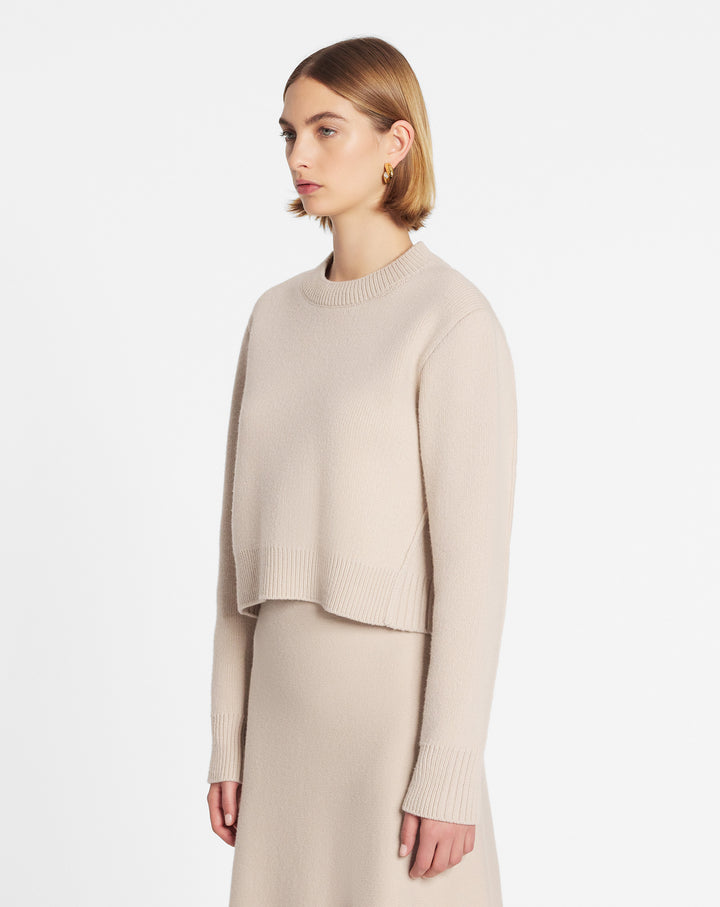 CROPPED WOOL AND CASHMERE CREWNECK SWEATER, PAPER