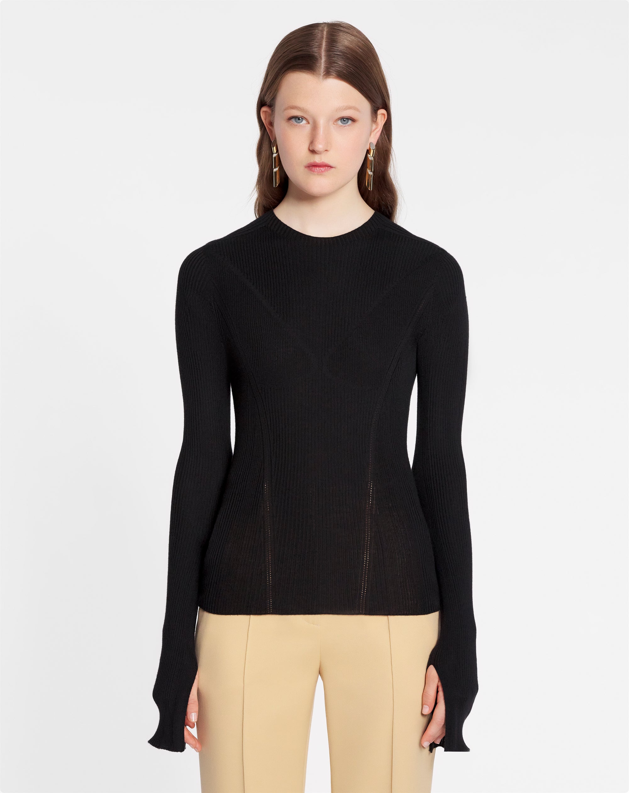 ROUND NECK LONG SLEEVE RIBBED TOP IN SILK AND CASHMERE BLACK