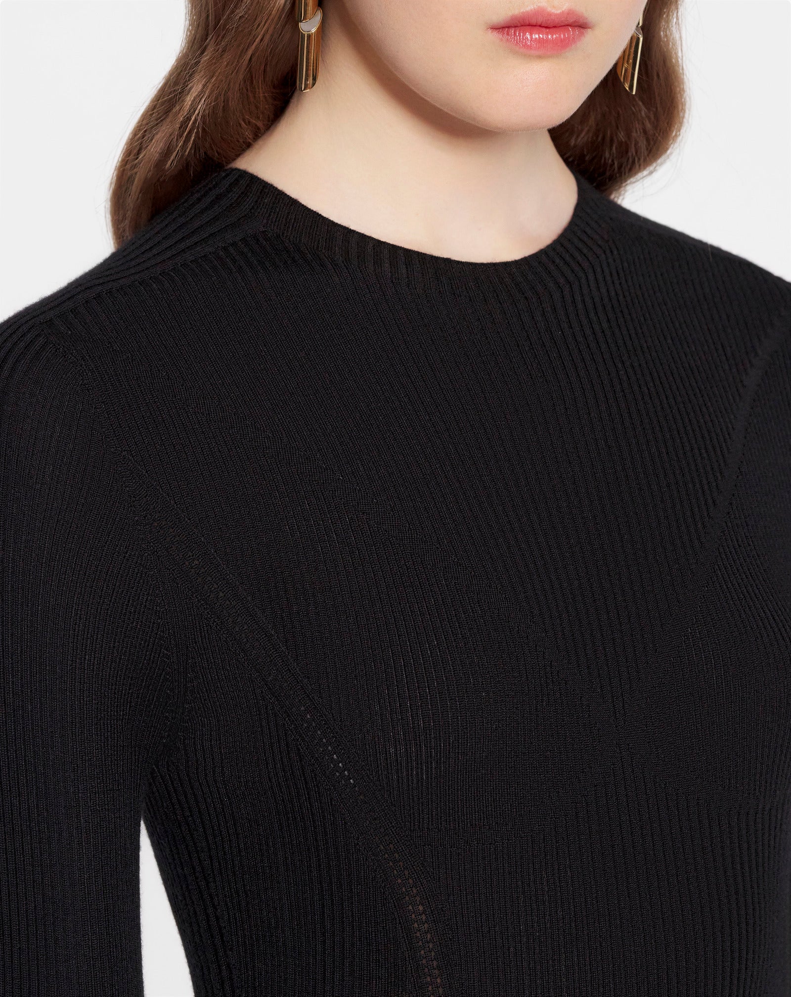 Round neck long sleeve ribbed top in silk and cashmere